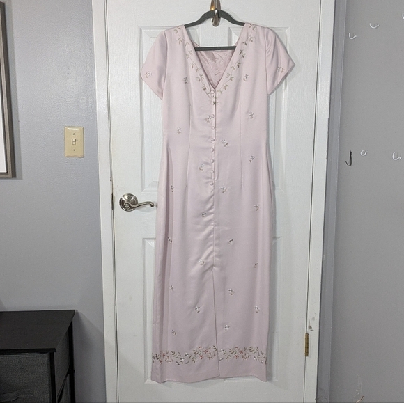 Vintage 80s David‎ Warren Floral Embroidered Baby Pink Satin Maxi Dress Size 12 - Picture 4 of 11
